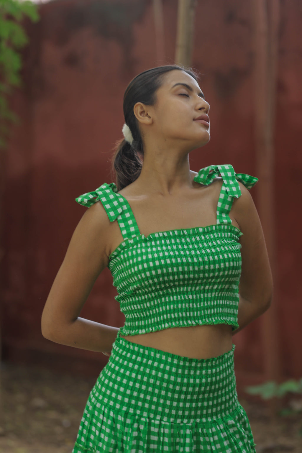 Women's block-printed Cotton Crop Top & Skirt Set in checked