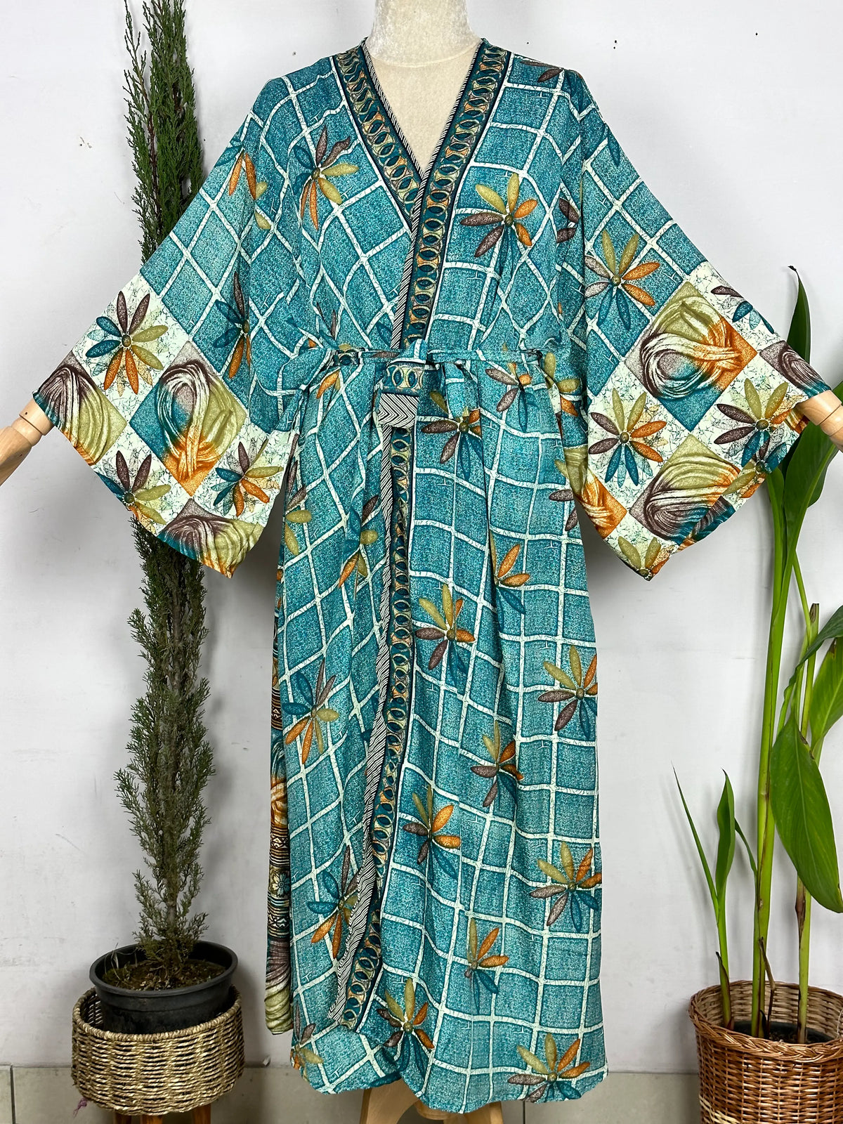Upcycle Boho Silk Short Robe | Tropical Beach Coverup Cardigan Summer House Robe Dressing Gown | Blue Floral Loungewear for Her