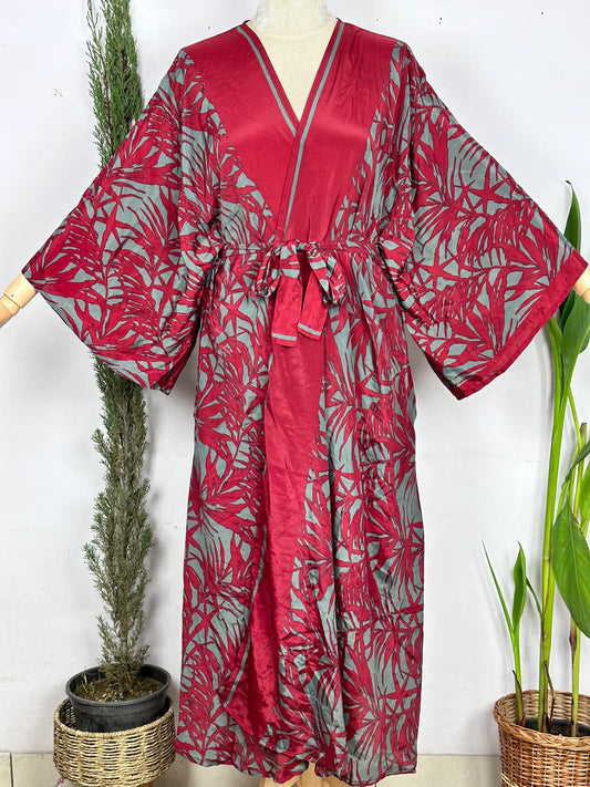 Upcycle Boho Silk Long Robe | Tropical Beach Coverup Cardigan Summer House Robe Dressing Gown | Red Gray Floral Loungewear for Her