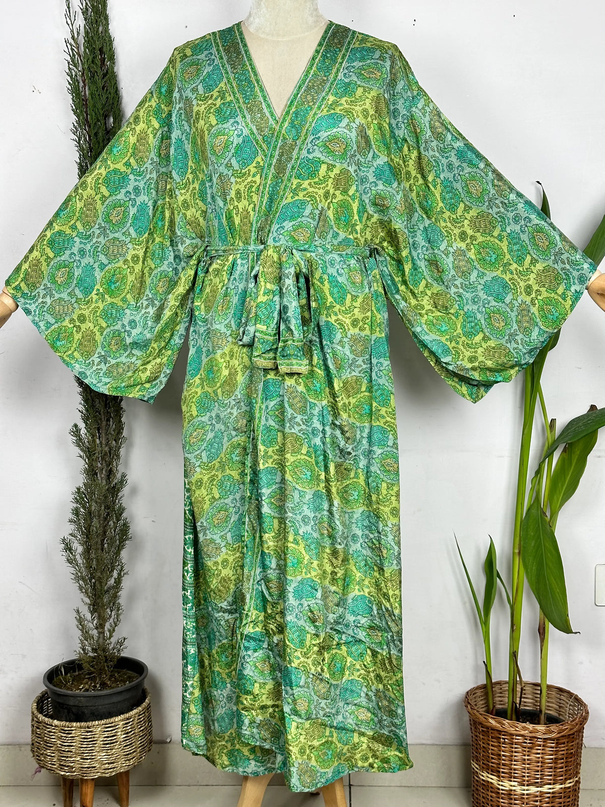 Upcycle Boho Silk Short Robe | Tropical Beach Coverup Cardigan Summer House Robe Dressing Gown | Green Botanical Loungewear for Her