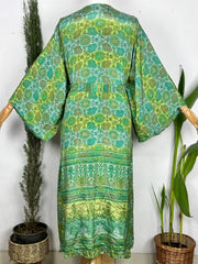 Upcycle Boho Silk Short Robe | Tropical Beach Coverup Cardigan Summer House Robe Dressing Gown | Green Botanical Loungewear for Her