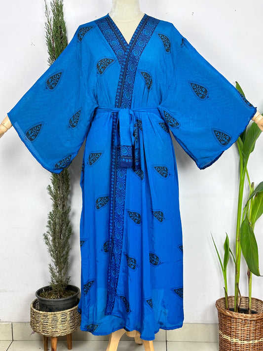 Upcycle Boho Silk Long Robe | Tropical Beach Coverup Cardigan Summer House Robe Dressing Gown | Blue Persian Loungewear for Her