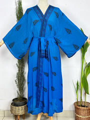 Upcycle Boho Silk Short Robe | Tropical Beach Coverup Cardigan Summer House Robe Dressing Gown | Blue Persian Loungewear for Her