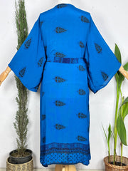 Upcycle Boho Silk Short Robe | Tropical Beach Coverup Cardigan Summer House Robe Dressing Gown | Blue Persian Loungewear for Her
