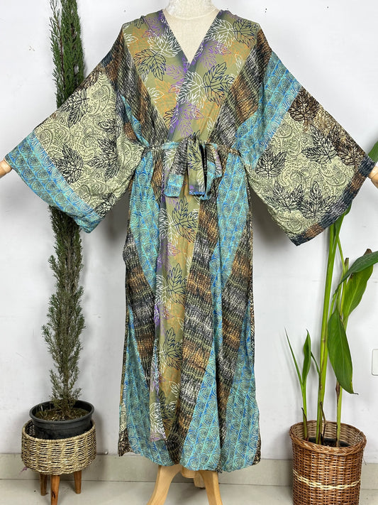 Upcycle Boho Silk Long Robe | Tropical Beach Coverup Cardigan Summer House Robe Dressing Gown | Loungewear for Her