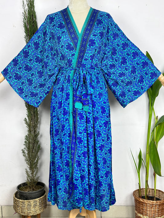 Upcycle Boho Silk Long Robe | Tropical Beach Coverup Cardigan Summer House Robe Dressing Gown | Loungewear for Her