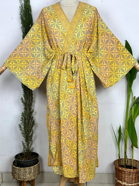 Robe courte en soie Upcycle Boho | Cardigan de plage tropicale, robe de maison d'été, robe de chambre | Vêtements de détente pour elle