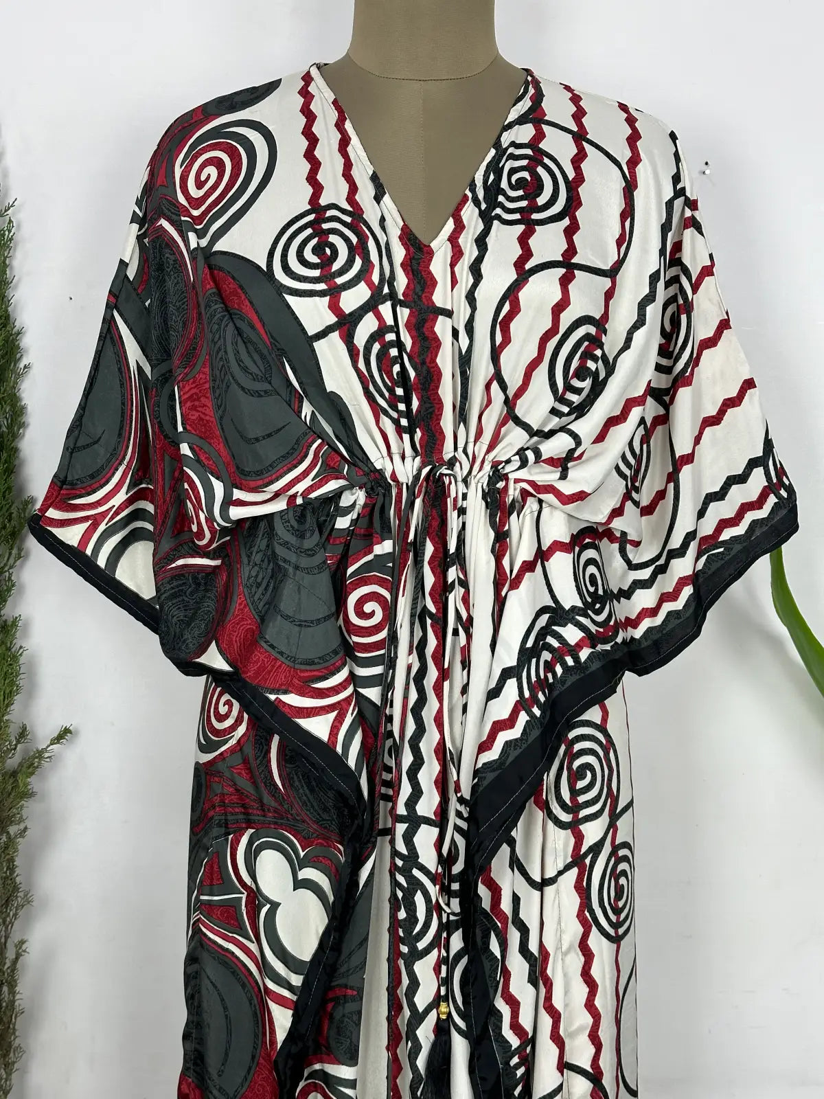 Recycled Silk Vintage Sari Kaftan Boho Dress Flowy Long Length Blossom Artistic Women Beach Coverup | Grey Red Geometric