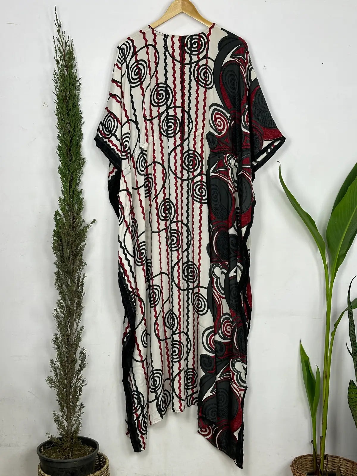 Recycled Silk Vintage Sari Kaftan Boho Dress Flowy Long Length Blossom Artistic Women Beach Coverup | Grey Red Geometric