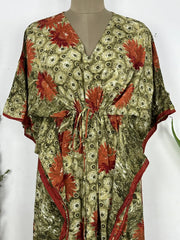 Recycled Silk Vintage Sari Kaftan Boho Dress Flowy Long Length Blossom Artistic Women Beach Coverup | Pastel Orange Floral