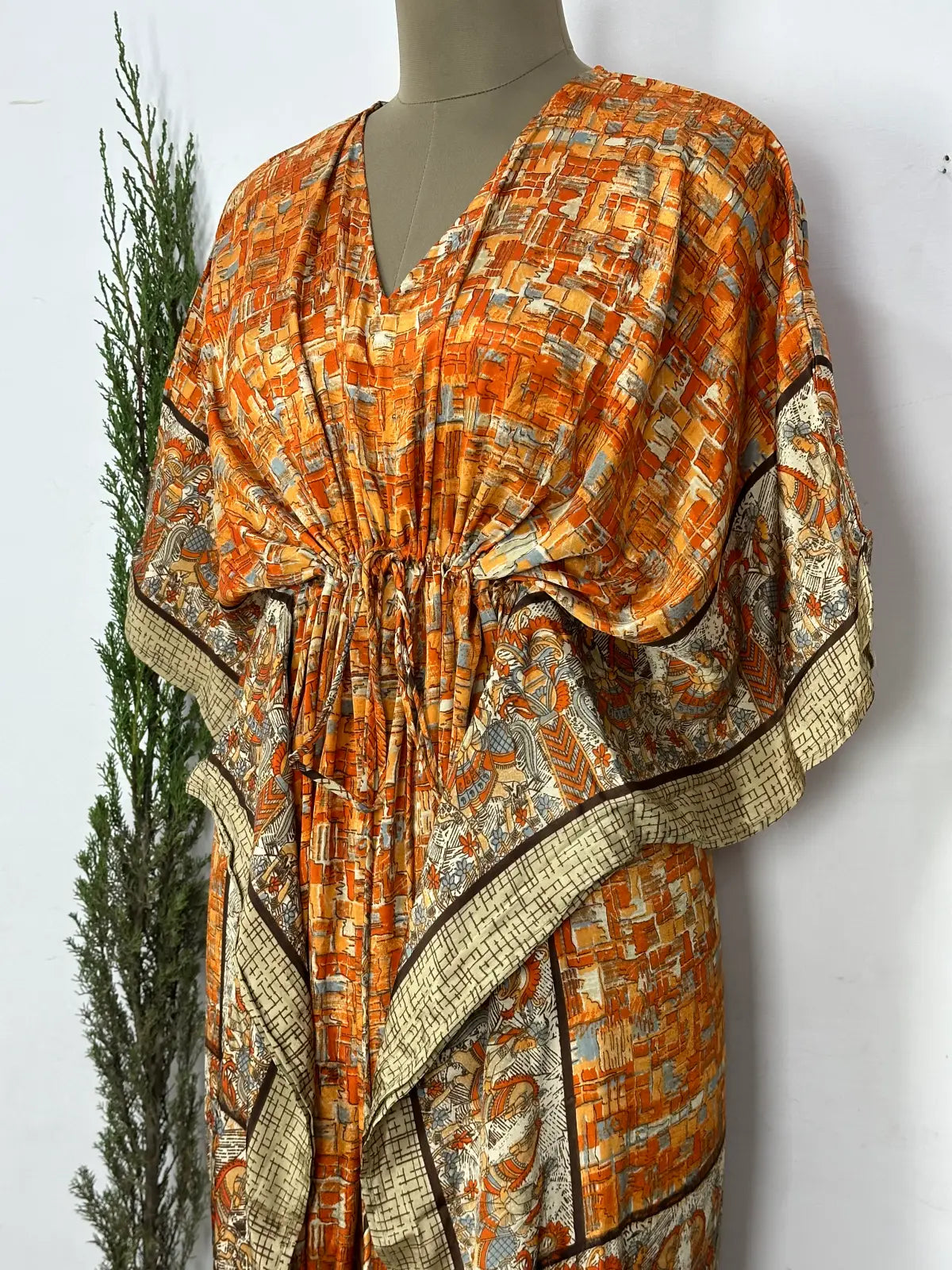 Recycled Silk Vintage Sari Kaftan Boho Dress Flowy Long Length Blossom Artistic Women Beach Coverup | Burnt Orange Animal Print