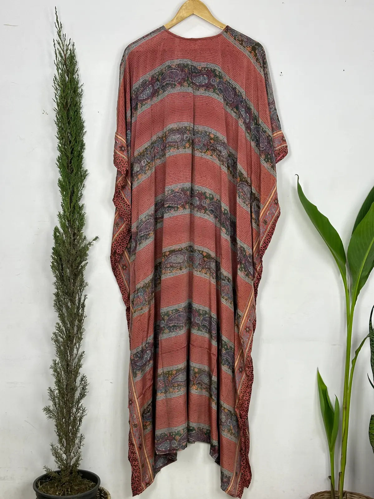 Recycled Silk Vintage Sari Kaftan Boho Dress Flowy Long Length Blossom Artistic Women Beach Coverup | Persian Paisley Stripes