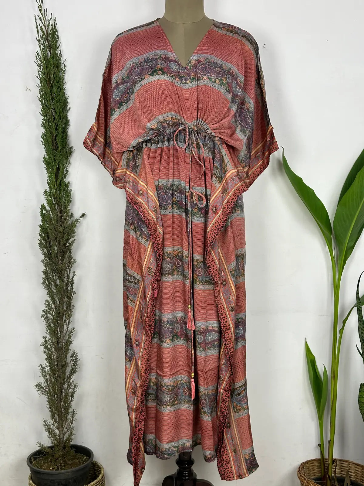 Recycled Silk Vintage Sari Kaftan Boho Dress Flowy Long Length Blossom Artistic Women Beach Coverup | Persian Paisley Stripes