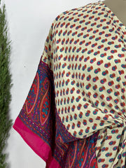 Recycled Silk Vintage Sari Kaftan Boho Dress Flowy Long Length Blossom Artistic Women Beach Coverup | Ivory Paisley Motifs
