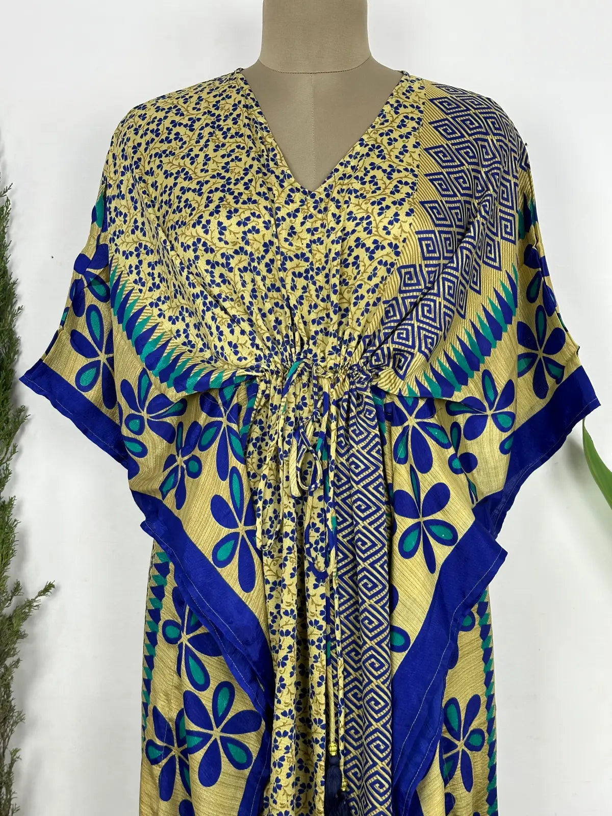 Recycled Silk Vintage Sari Kaftan Boho Dress Flowy Long Length Blossom Artistic Women Beach Coverup | Brown Blue Blossom