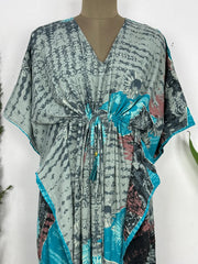 Recycled Silk Vintage Sari Kaftan Boho Dress Flowy Long Length Blossom Artistic Women Beach Coverup | Pastel Grey Floral