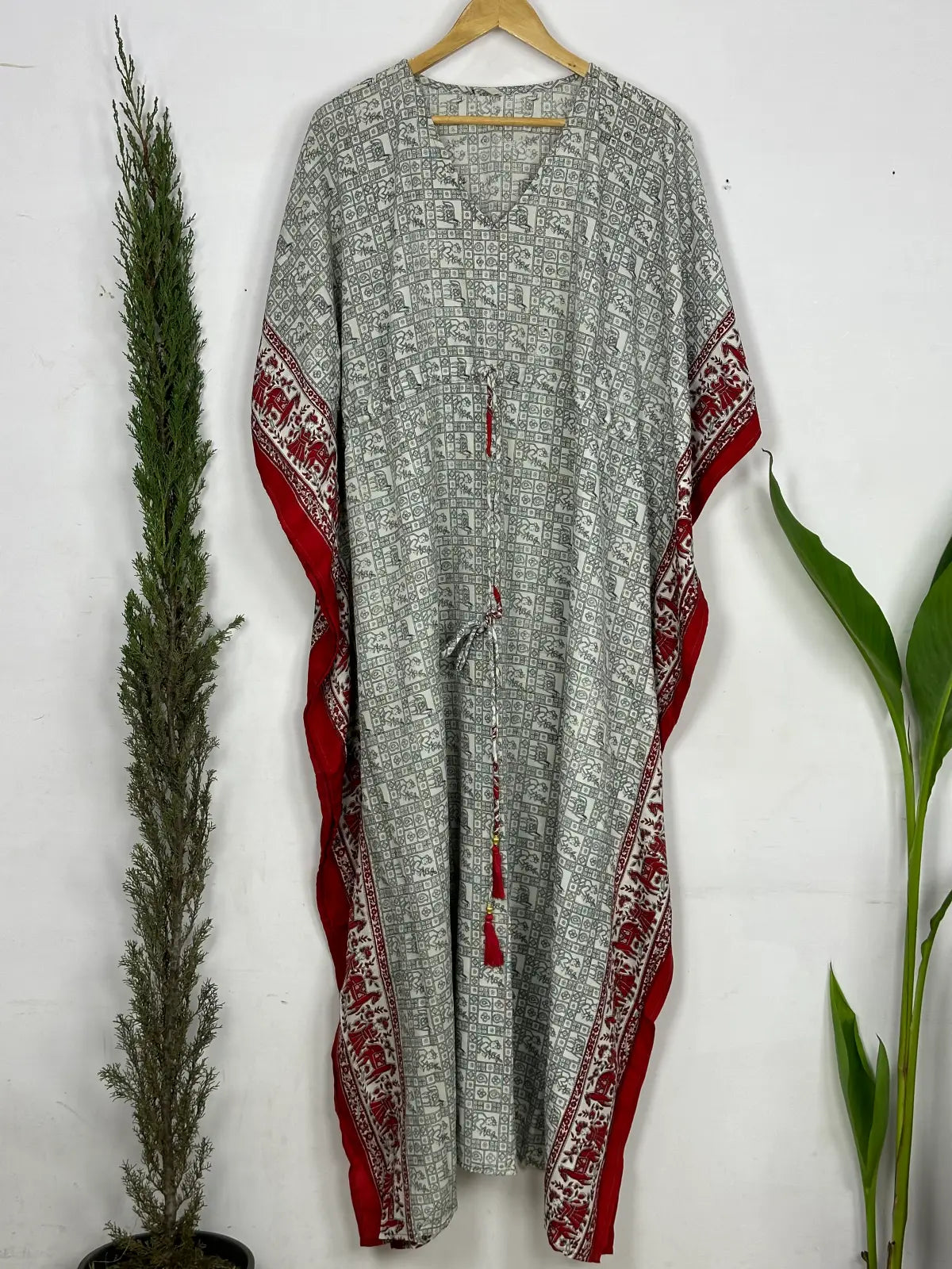 Recycled Silk Vintage Sari Kaftan Boho Dress Flowy Long Length Blossom Artistic Women Beach Coverup | Grey Red Animal Prints