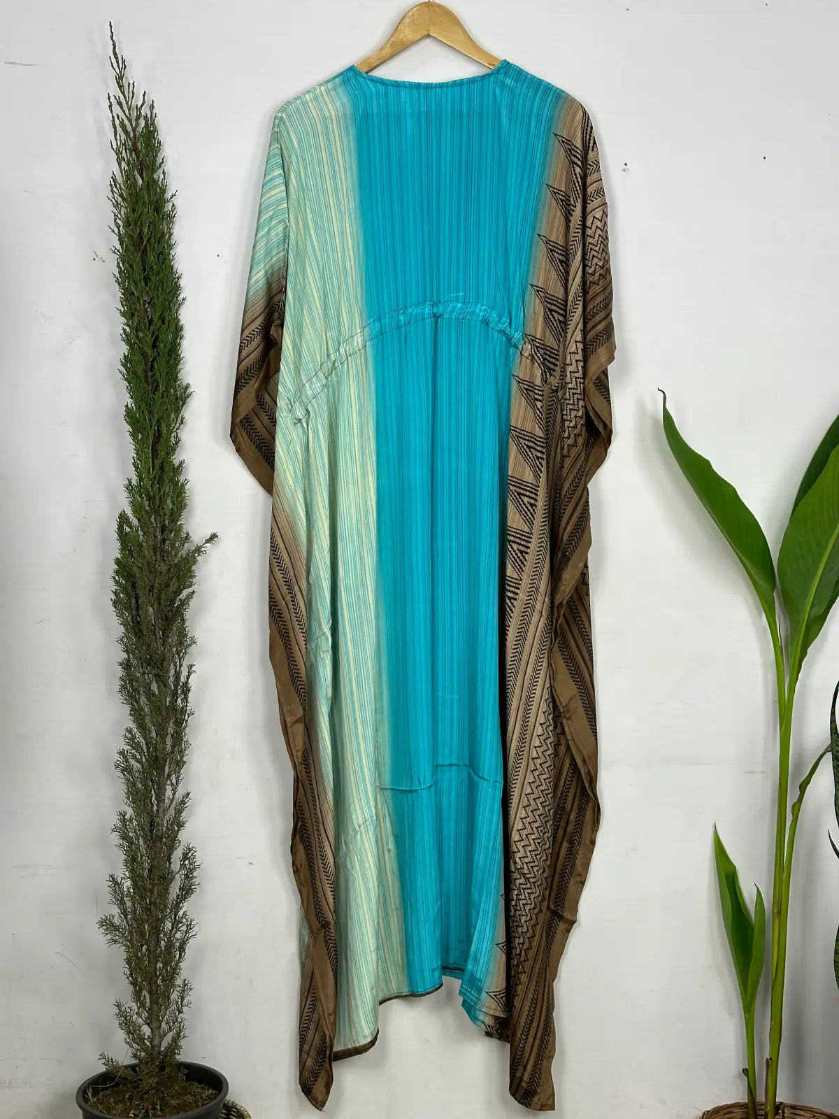 Recycled Silk Vintage Sari Kaftan Boho Dress Flowy Long Length Blossom Artistic Women Beach Coverup | Wavy Sand Beach Blue
