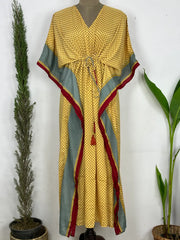 Recycled Silk Vintage Sari Kaftan Boho Dress Flowy Long Length Blossom Artistic Women Beach Coverup | Golden Red Motifs