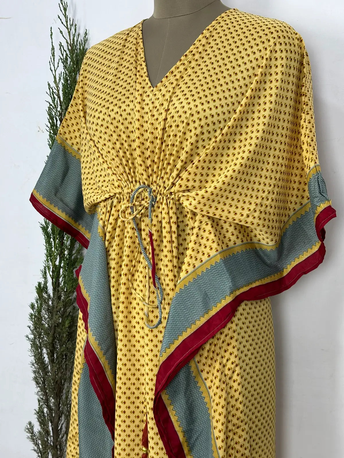 Recycled Silk Vintage Sari Kaftan Boho Dress Flowy Long Length Blossom Artistic Women Beach Coverup | Golden Red Motifs