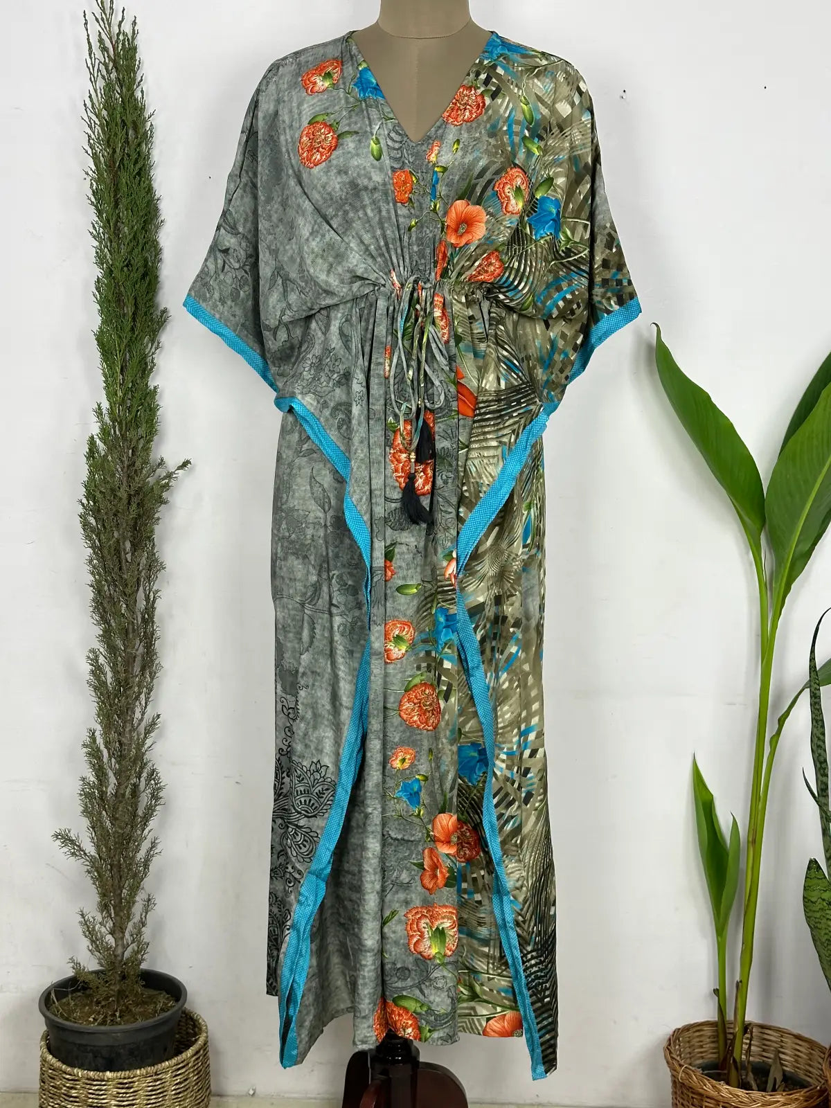 Recycled Silk Vintage Sari Kaftan Boho Dress Flowy Long Length Blossom Artistic Women Beach Coverup | Mid Night Gardenia Floral