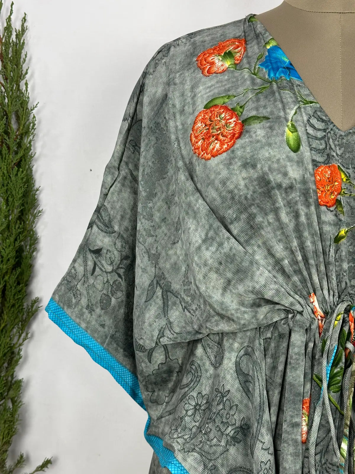 Recycled Silk Vintage Sari Kaftan Boho Dress Flowy Long Length Blossom Artistic Women Beach Coverup | Mid Night Gardenia Floral