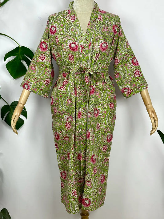 Handgemachter Kimono aus reiner Baumwolle, handgefertigt, Boho-Haus-Bademantel, Frühlings- und Sommermode, Cardigan, Strandüberzug, Brautjungfern-Morgenmantel, Geschenk für Sie