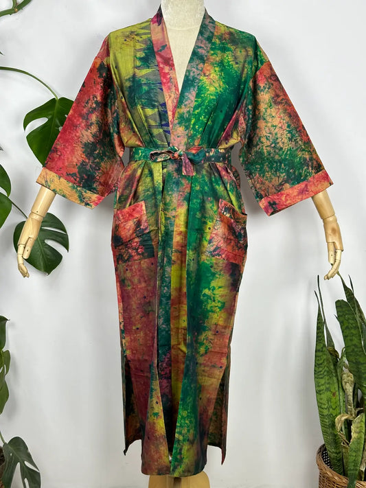 Upcycle Boho Chic Coverup Recycle Silk Sari Kimono | Vintage Elegance House Robe Duster Cardigan Beach Cover Up Sarong | Tropical Floral Summer Dress Kaftan