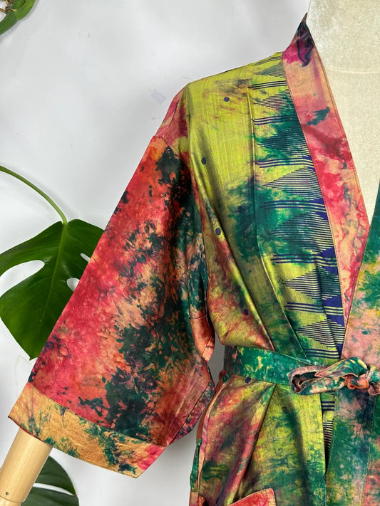 Upcycle Boho Chic Coverup Recycle Silk Sari Kimono | Vintage Elegance House Robe Duster Cardigan Beach Cover Up Sarong | Tropical Floral Summer Dress Kaftan