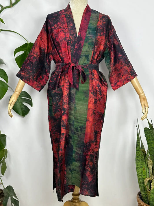 Upcycle Boho Chic Coverup Recycle Silk Sari Kimono | Vintage Elegance House Robe Duster Cardigan Beach Cover Up Sarong | Tropical Floral Summer Dress Kaftan