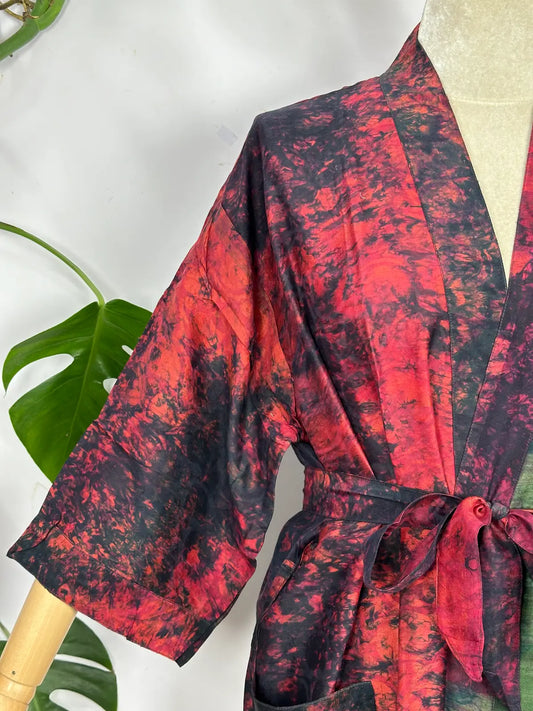 Upcycle Boho Chic Coverup Recycle Silk Sari Kimono | Vintage Elegance House Robe Duster Cardigan Beach Cover Up Sarong | Tropical Floral Summer Dress Kaftan