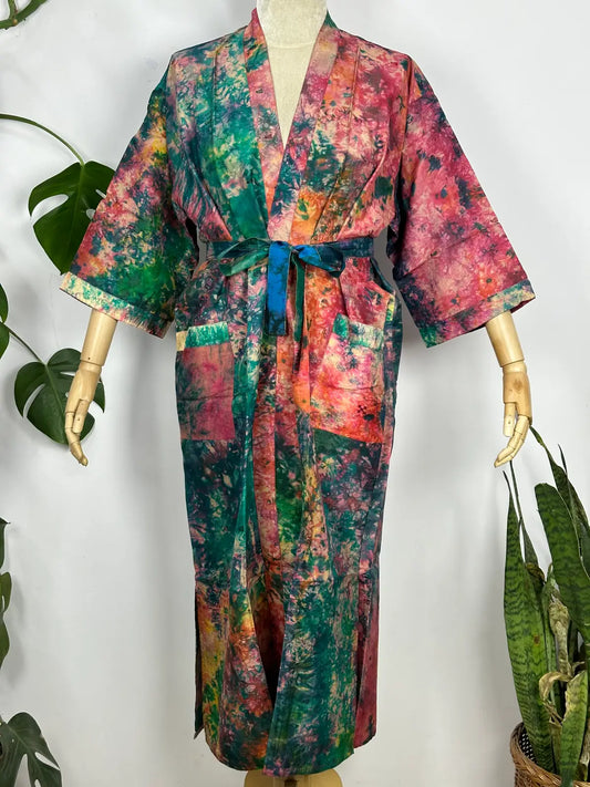 Upcycle Boho Chic Coverup Recycle Silk Sari Kimono | Vintage Elegance House Robe Duster Cardigan Beach Cover Up Sarong | Tropical Floral Summer Dress Kaftan