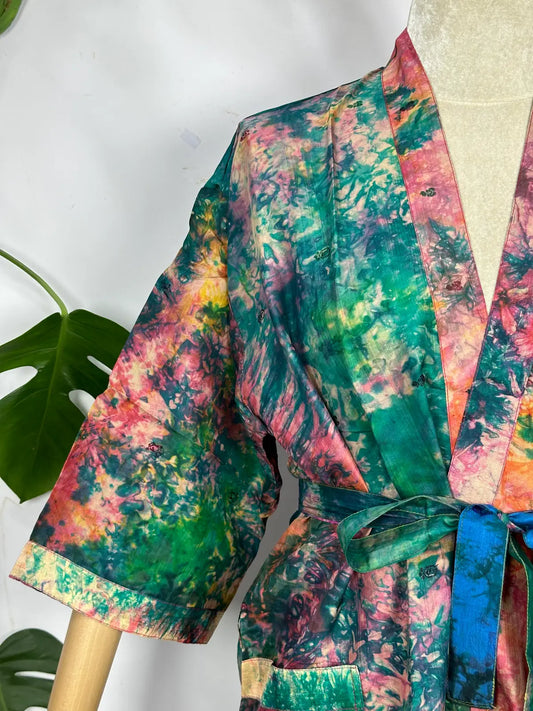 Upcycle Boho Chic Coverup Recycle Silk Sari Kimono | Vintage Elegance House Robe Duster Cardigan Beach Cover Up Sarong | Tropical Floral Summer Dress Kaftan