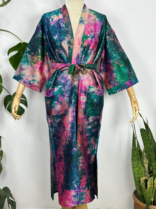 Upcycle Boho Chic Coverup Recycle Silk Sari Kimono | Vintage Elegance House Robe Duster Cardigan Beach Cover Up Sarong | Tropical Floral Summer Dress Kaftan