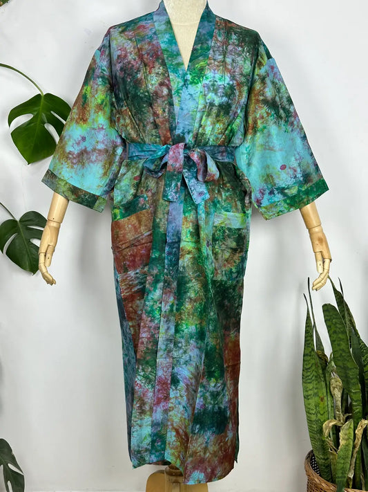 Upcycle Boho Chic Coverup Recycler Soie Sari Kimono | vintage Elegance House Robe Duster Cardigan Beach Cover Up Sarong | Caftan de robe d'été à fleurs tropicales