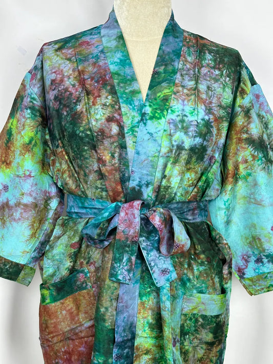 Upcycle Boho Chic Coverup Recycle Silk Sari Kimono | Vintage Elegance House Robe Duster Cardigan Beach Cover Up Sarong | Tropical Floral Summer Dress Kaftan