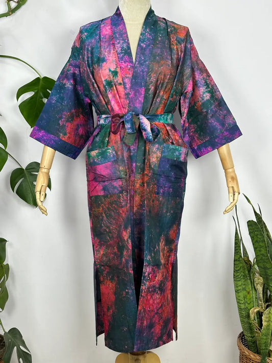 Upcycle Boho Chic Coverup Recycle Silk Sari Kimono | Vintage Elegance House Robe Duster Cardigan Beach Cover Up Sarong | Tropical Floral Summer Dress Kaftan