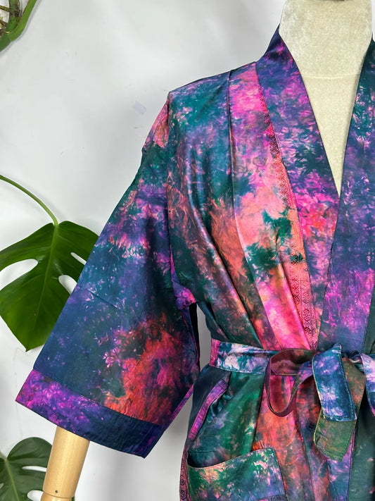 Upcycle Boho Chic Coverup Recycle Silk Sari Kimono | Vintage Elegance House Robe Duster Cardigan Beach Cover Up Sarong | Tropical Floral Summer Dress Kaftan