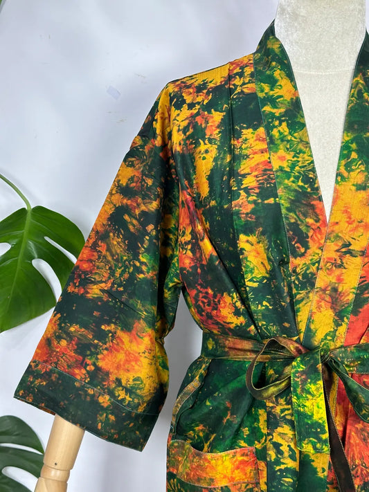 Upcycle Boho Chic Coverup Recycle Silk Sari Kimono | Vintage Elegance House Robe Duster Cardigan Beach Cover Up Sarong | Tropical Floral Summer Dress Kaftan