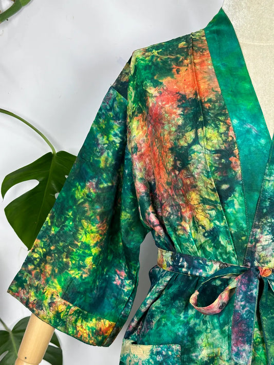 Upcycle Boho Chic Coverup Recycle Silk Sari Kimono | Vintage Elegance House Robe Duster Cardigan Beach Cover Up Sarong | Tropical Floral Summer Dress Kaftan