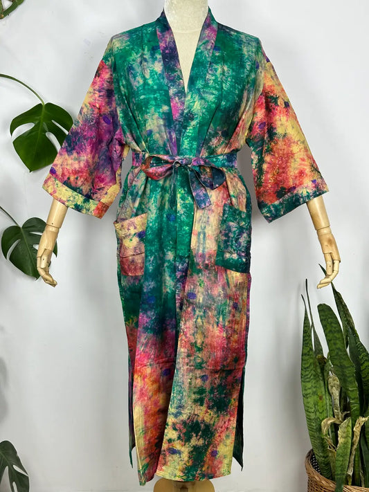 Upcycle Boho Chic Coverup Recycelter Seiden-Sari-Kimono | Vintage Elegance House Robe Duster Cardigan Strandüberzug Sarong | Tropisch geblümtes Sommerkleid Kaftan