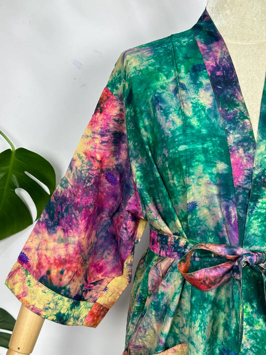 Upcycle Boho Chic Coverup Recycle Silk Sari Kimono | Vintage Elegance House Robe Duster Cardigan Beach Cover Up Sarong | Tropical Floral Summer Dress Kaftan