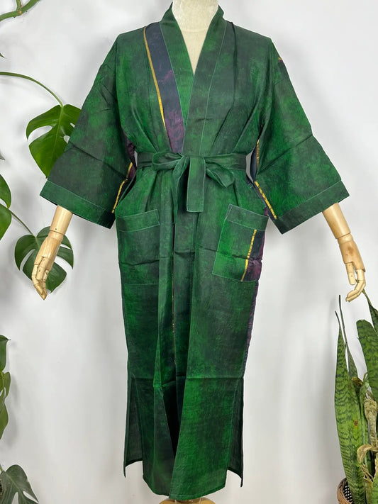 Upcycle Boho Chic Coverup Recycelter Seiden-Sari-Kimono | Vintage Elegance House Robe Duster Cardigan Strandüberzug Sarong | Tropisch geblümtes Sommerkleid Kaftan