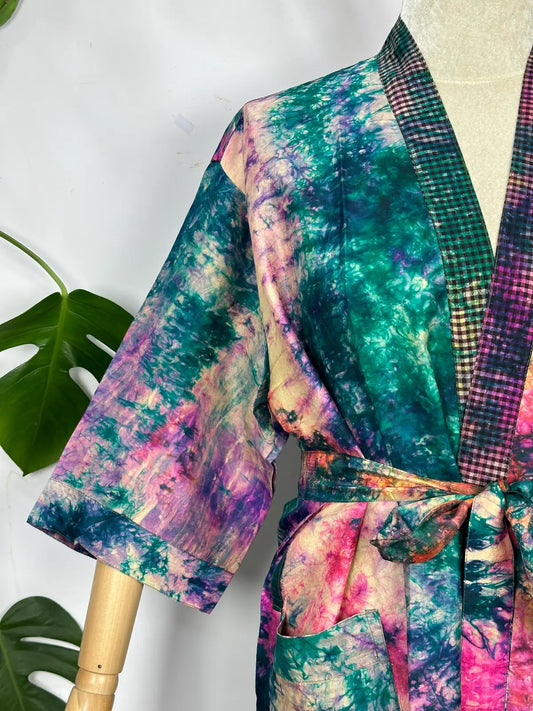 Upcycle Boho Chic Coverup Recycle Silk Sari Kimono | Vintage Elegance House Robe Duster Cardigan Beach Cover Up Sarong | Tropical Floral Summer Dress Kaftan