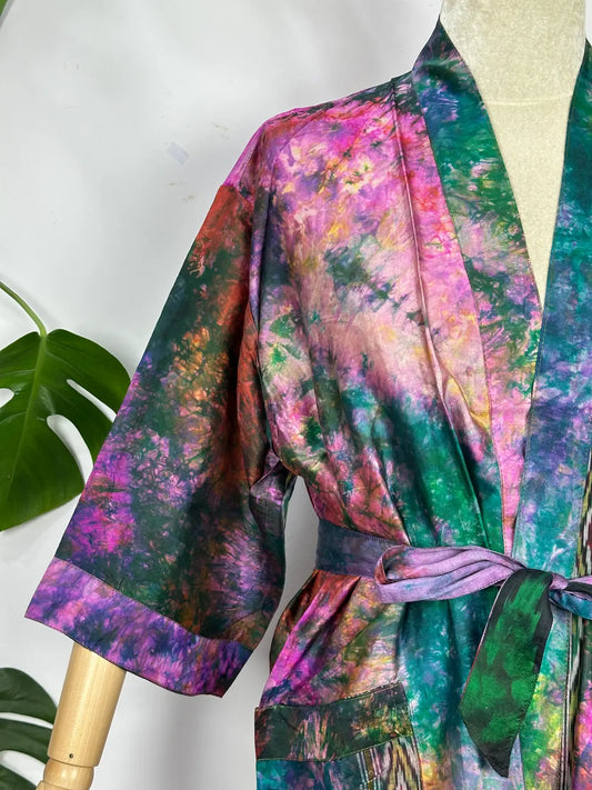 Upcycle Boho Chic Coverup Recycle Silk Sari Kimono | Vintage Elegance House Robe Duster Cardigan Beach Cover Up Sarong | Tropical Floral Summer Dress Kaftan