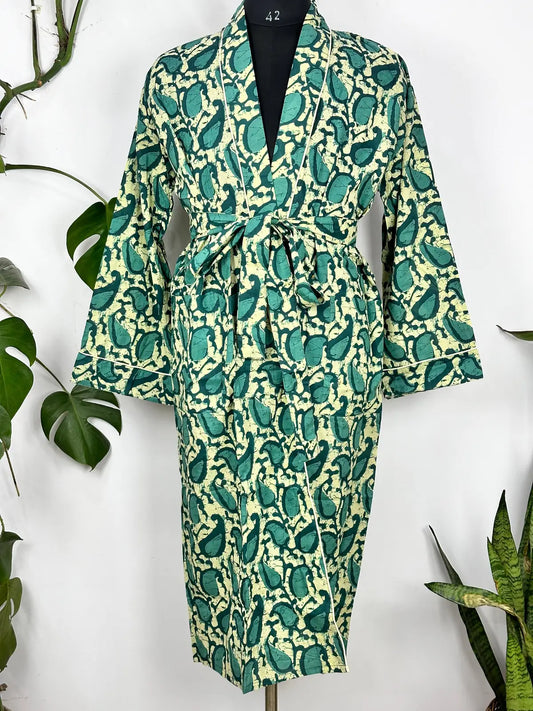 Men’s Cotton Handprinted House Robe Kimono Sea Green Paisley