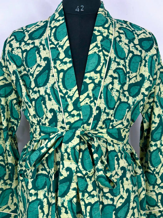 Men’s Cotton Handprinted House Robe Kimono Sea Green Paisley