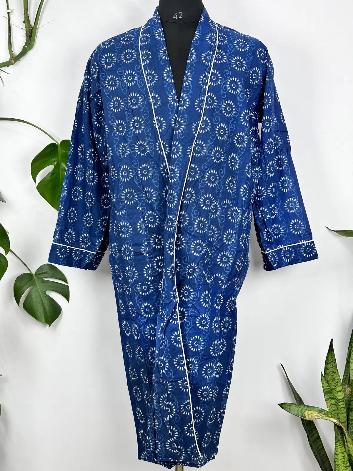 Men’s Cotton Handprinted House Robe Kimono Indigo Floral Mughal Bloom