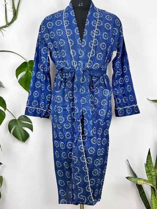 Robe de maison imprimée à la main en coton pour hommes Kimono Indigo Floral Mughal Bloom