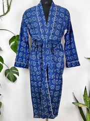 Men’s Cotton Handprinted House Robe Kimono Indigo Floral Mughal Bloom